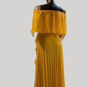 Yellow soild off- shoulder pleated Dress