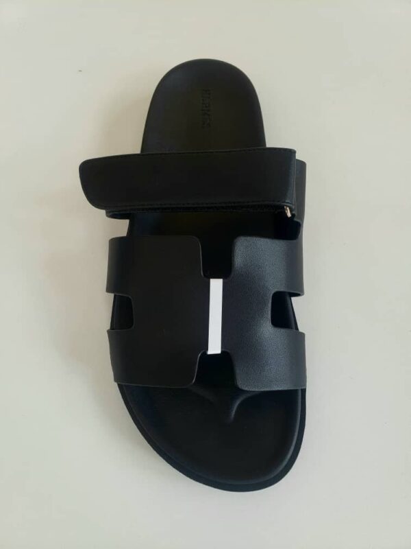 Black Hermes calfskin leather sandals