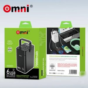 Omni 70000mAh power bank with 6 USB ports and 2 Type-C ports,