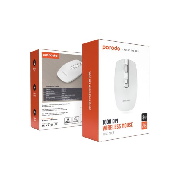 Porodo 2.4G Wireless & Bluetooth Rechargeable Mouse – White - Image 2