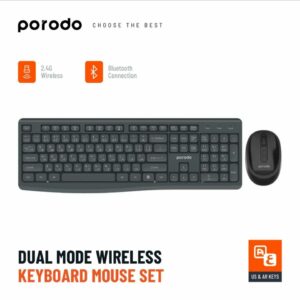 Porodo Dual Mode Wireless Keyboard & Mouse Set – Bluetooth & 2.4G, Black