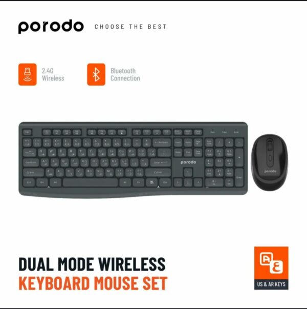 Porodo Dual Mode Wireless Keyboard & Mouse Set – Bluetooth & 2.4G, Black